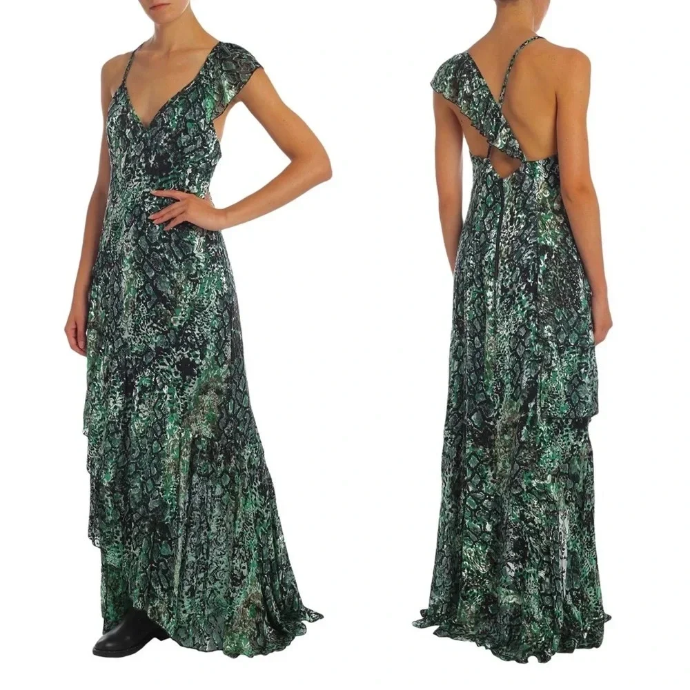 🆕 ALICE + OLIVIA Emerald Green Shanel Animal Print Maxi Dress Sz 4 - Picture 7 of 7